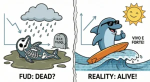 Ilustração dividida verticalmente comparando dois cenários do MySQL. À esquerda (FUD), sob um céu chuvoso e cinza, vê-se um esqueleto de golfinho e uma lápide escrita "RIP MySQL", com um gráfico de linhas em queda. À direita (REALITY), sob um sol brilhante, o mascote do MySQL (o golfinho Sakila) usa óculos escuros e surfa em uma onda de código binário, com um gráfico ascendente ao fundo e o texto "VIVO E FORTE!".
